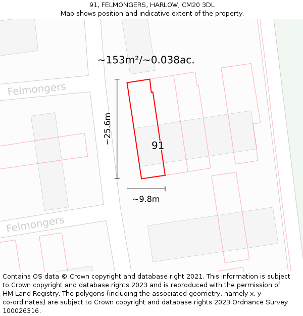 91, FELMONGERS, HARLOW, CM20 3DL: Plot and title map