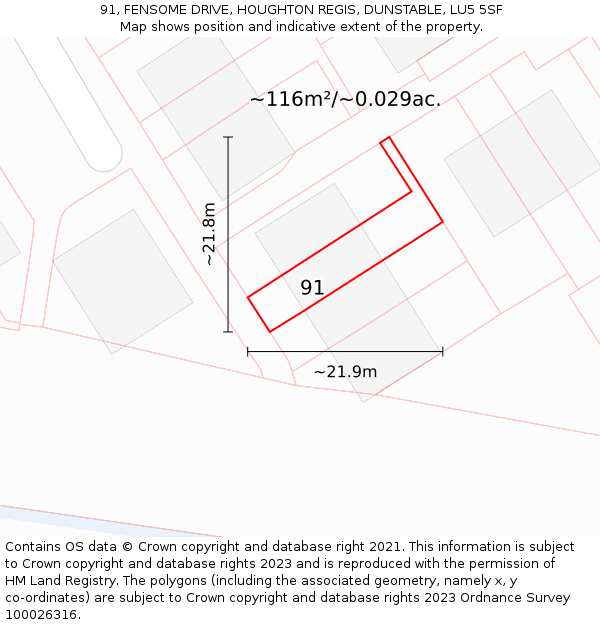 91, FENSOME DRIVE, HOUGHTON REGIS, DUNSTABLE, LU5 5SF: Plot and title map