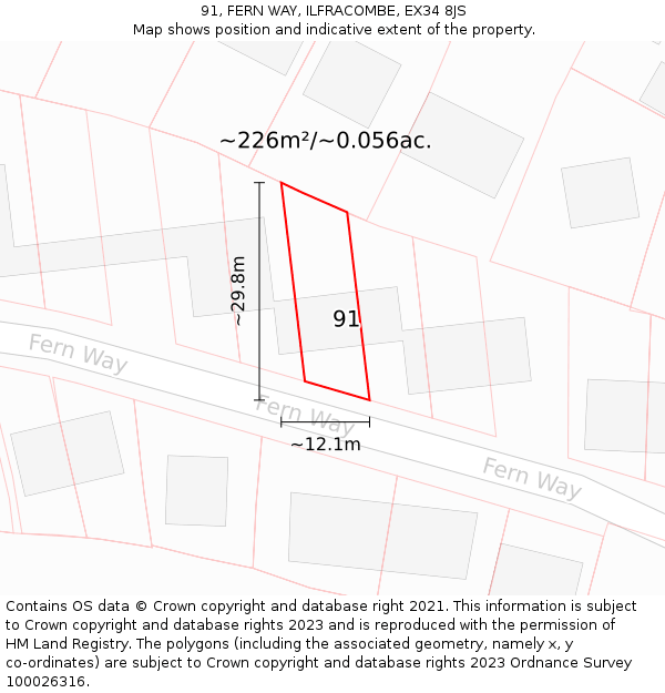 91, FERN WAY, ILFRACOMBE, EX34 8JS: Plot and title map