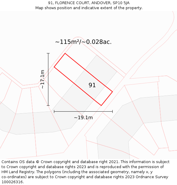 91, FLORENCE COURT, ANDOVER, SP10 5JA: Plot and title map