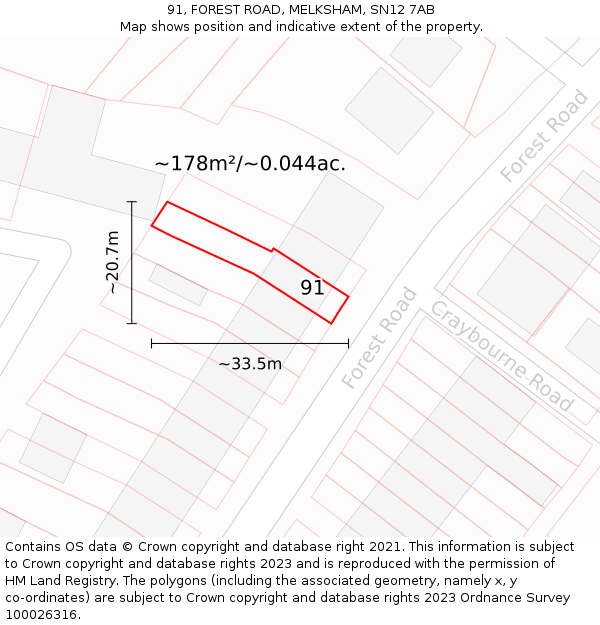 91, FOREST ROAD, MELKSHAM, SN12 7AB: Plot and title map