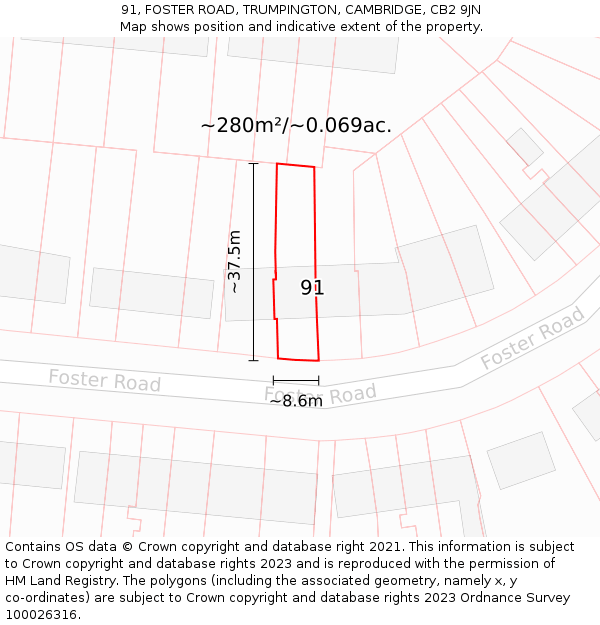 91, FOSTER ROAD, TRUMPINGTON, CAMBRIDGE, CB2 9JN: Plot and title map