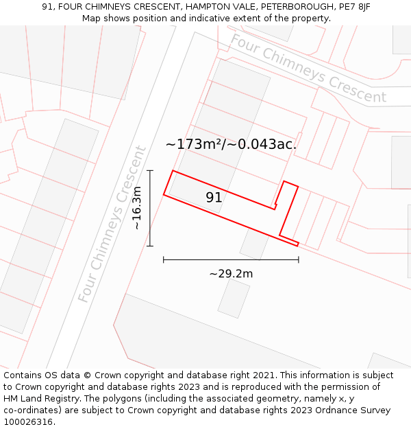 91, FOUR CHIMNEYS CRESCENT, HAMPTON VALE, PETERBOROUGH, PE7 8JF: Plot and title map