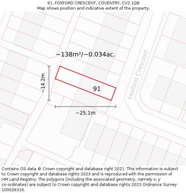 91, FOXFORD CRESCENT, COVENTRY, CV2 1QB: Plot and title map