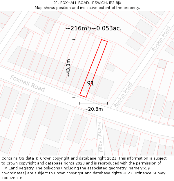 91, FOXHALL ROAD, IPSWICH, IP3 8JX: Plot and title map