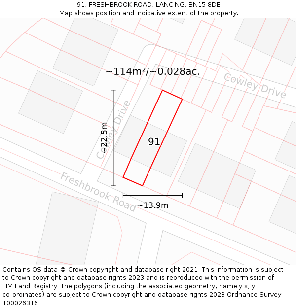 91, FRESHBROOK ROAD, LANCING, BN15 8DE: Plot and title map
