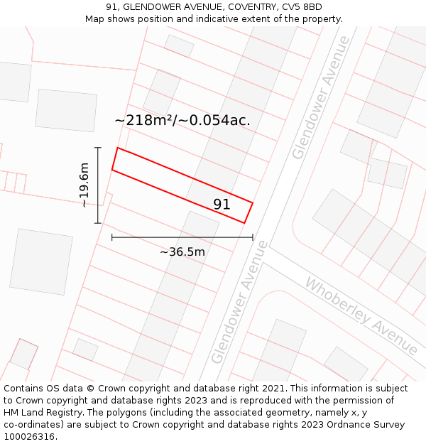 91, GLENDOWER AVENUE, COVENTRY, CV5 8BD: Plot and title map