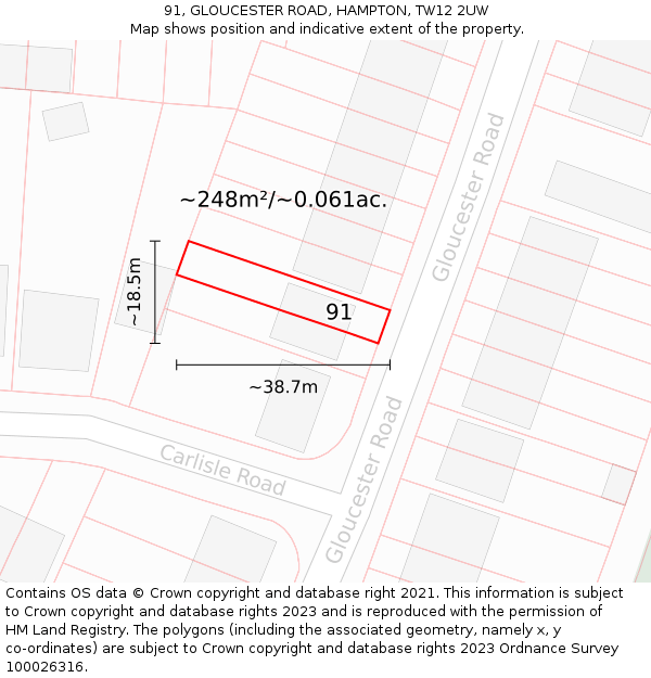 91, GLOUCESTER ROAD, HAMPTON, TW12 2UW: Plot and title map