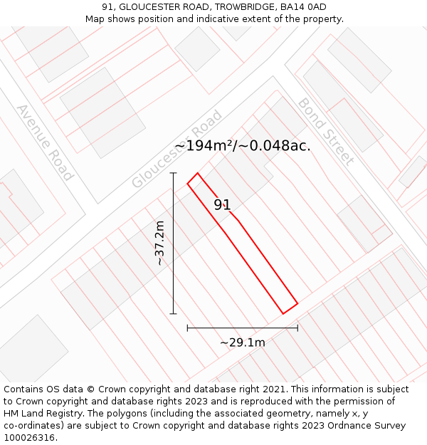 91, GLOUCESTER ROAD, TROWBRIDGE, BA14 0AD: Plot and title map
