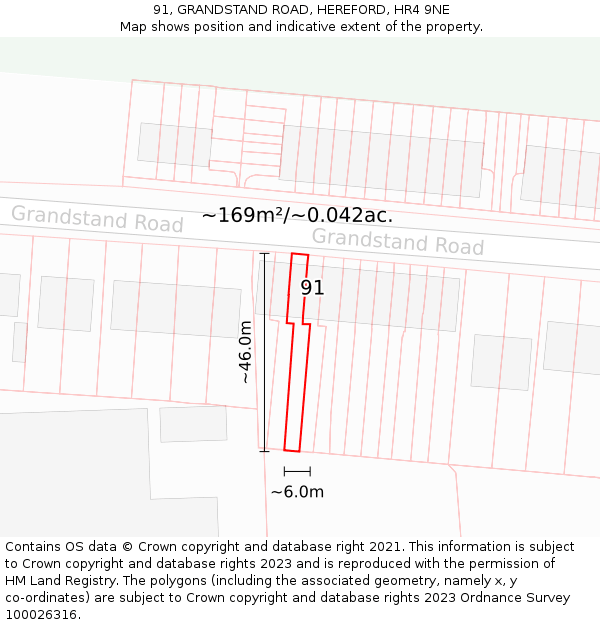 91, GRANDSTAND ROAD, HEREFORD, HR4 9NE: Plot and title map