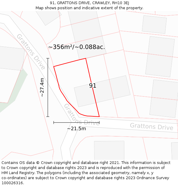 91, GRATTONS DRIVE, CRAWLEY, RH10 3EJ: Plot and title map