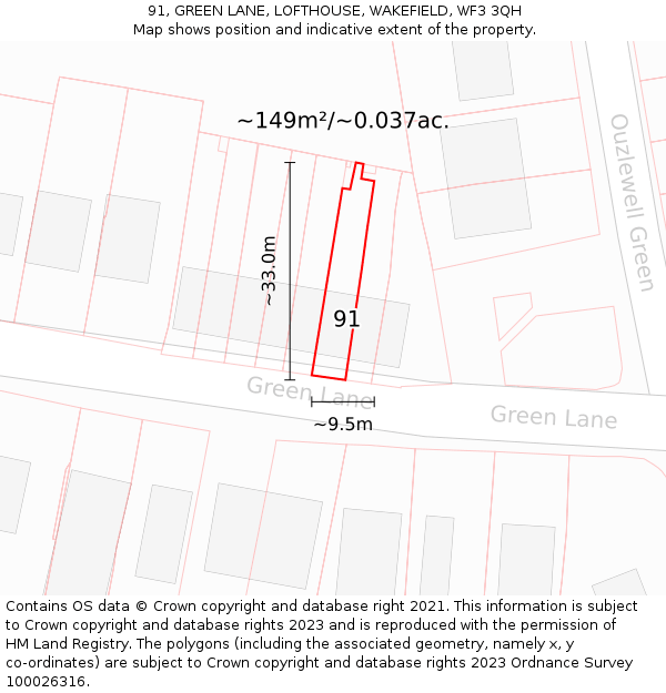 91, GREEN LANE, LOFTHOUSE, WAKEFIELD, WF3 3QH: Plot and title map