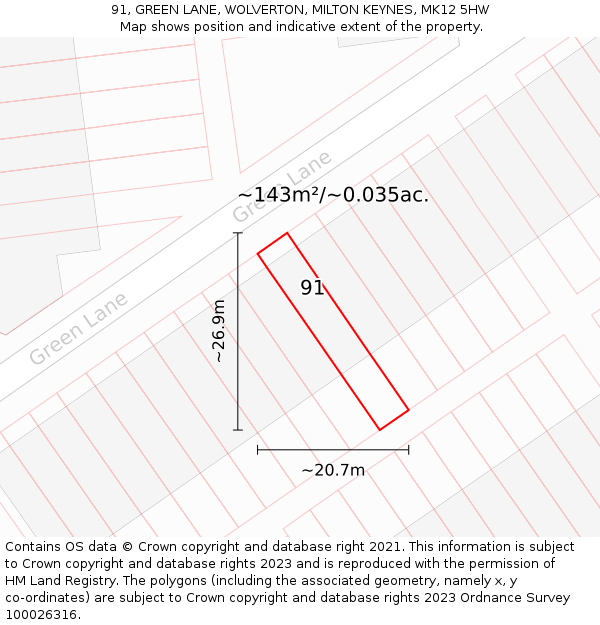 91, GREEN LANE, WOLVERTON, MILTON KEYNES, MK12 5HW: Plot and title map