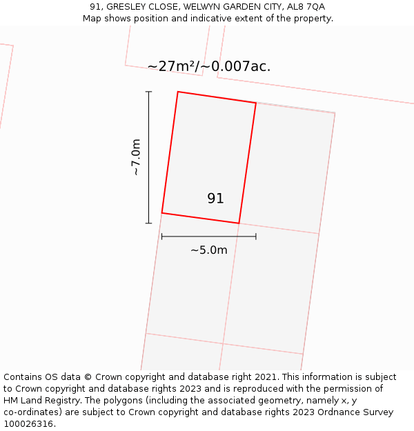 91, GRESLEY CLOSE, WELWYN GARDEN CITY, AL8 7QA: Plot and title map