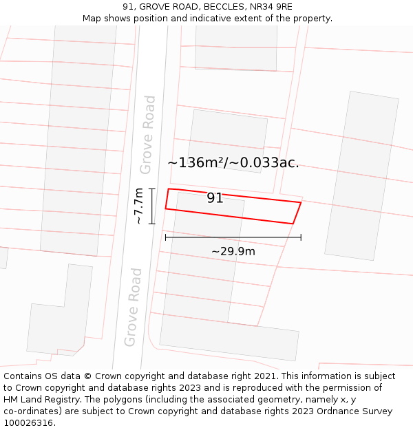 91, GROVE ROAD, BECCLES, NR34 9RE: Plot and title map