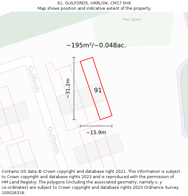 91, GUILFORDS, HARLOW, CM17 0HX: Plot and title map