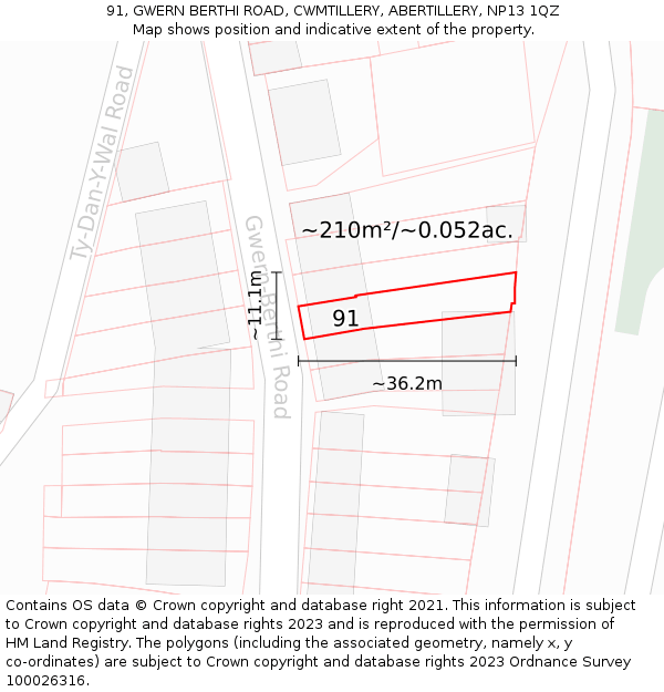 91, GWERN BERTHI ROAD, CWMTILLERY, ABERTILLERY, NP13 1QZ: Plot and title map