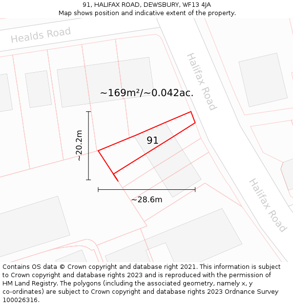 91, HALIFAX ROAD, DEWSBURY, WF13 4JA: Plot and title map