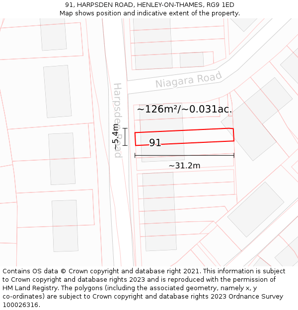 91, HARPSDEN ROAD, HENLEY-ON-THAMES, RG9 1ED: Plot and title map