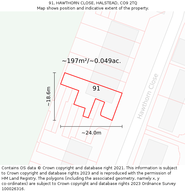 91, HAWTHORN CLOSE, HALSTEAD, CO9 2TQ: Plot and title map