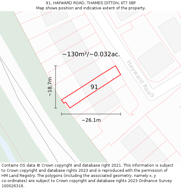 91, HAYWARD ROAD, THAMES DITTON, KT7 0BF: Plot and title map