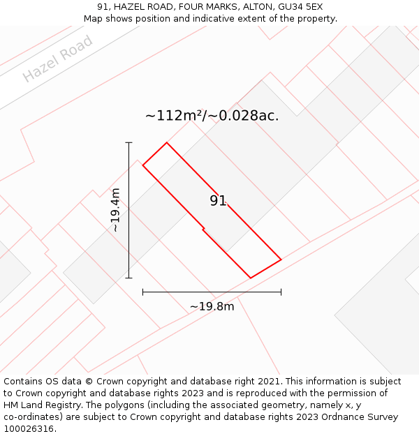 91, HAZEL ROAD, FOUR MARKS, ALTON, GU34 5EX: Plot and title map