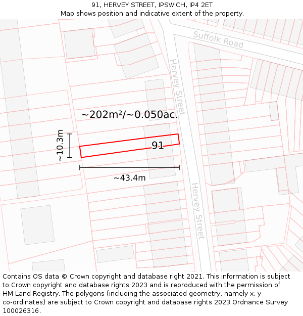91, HERVEY STREET, IPSWICH, IP4 2ET: Plot and title map