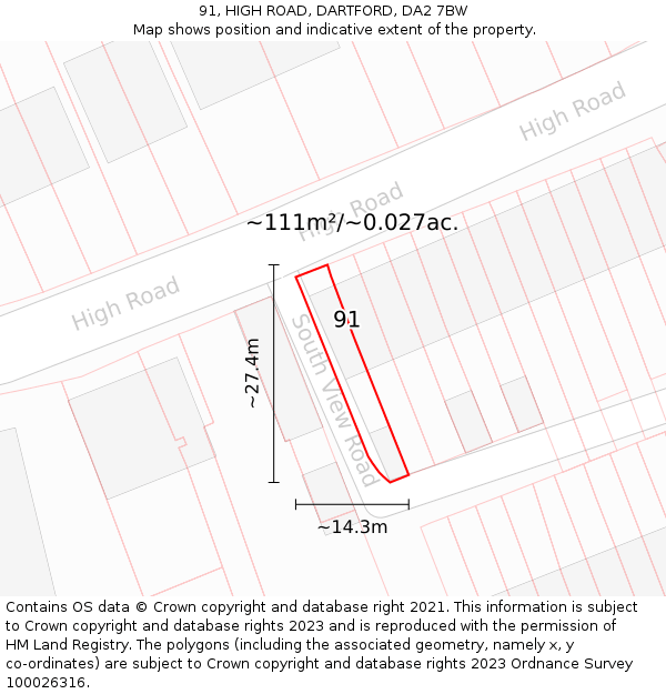 91, HIGH ROAD, DARTFORD, DA2 7BW: Plot and title map