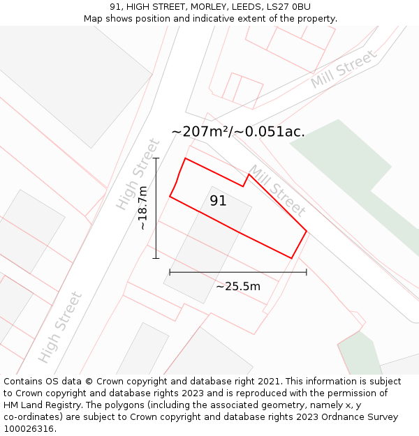 91, HIGH STREET, MORLEY, LEEDS, LS27 0BU: Plot and title map