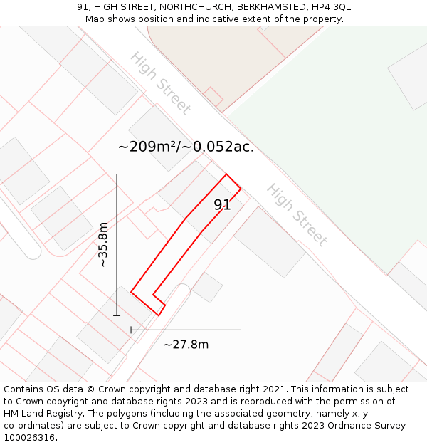 91, HIGH STREET, NORTHCHURCH, BERKHAMSTED, HP4 3QL: Plot and title map