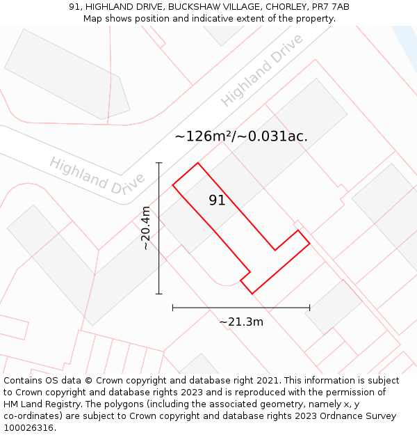 91, HIGHLAND DRIVE, BUCKSHAW VILLAGE, CHORLEY, PR7 7AB: Plot and title map