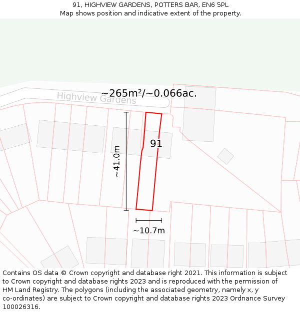 91, HIGHVIEW GARDENS, POTTERS BAR, EN6 5PL: Plot and title map