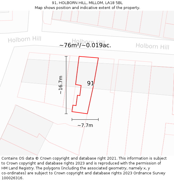 91, HOLBORN HILL, MILLOM, LA18 5BL: Plot and title map