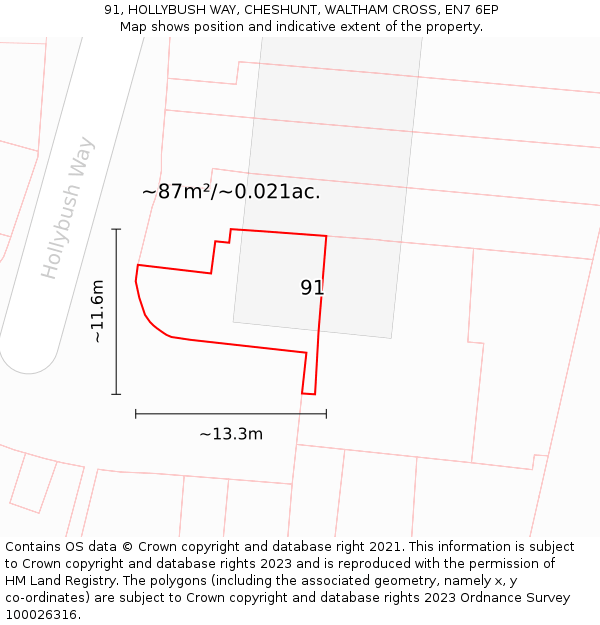 91, HOLLYBUSH WAY, CHESHUNT, WALTHAM CROSS, EN7 6EP: Plot and title map