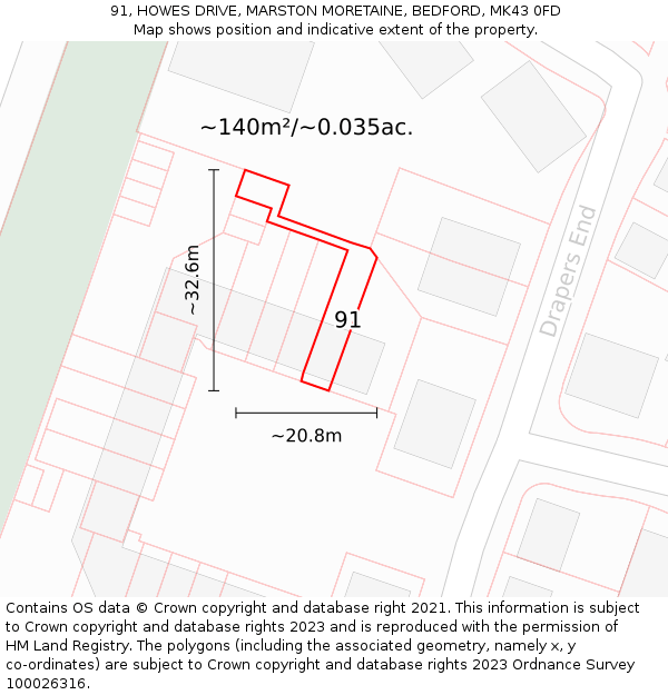 91, HOWES DRIVE, MARSTON MORETAINE, BEDFORD, MK43 0FD: Plot and title map