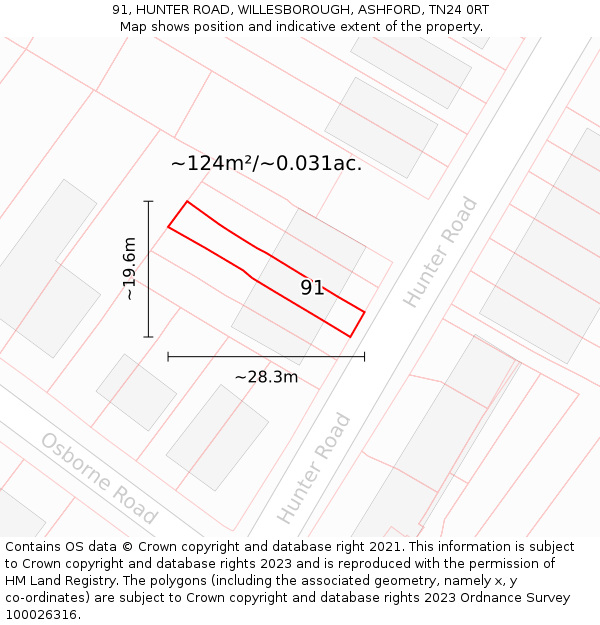 91, HUNTER ROAD, WILLESBOROUGH, ASHFORD, TN24 0RT: Plot and title map