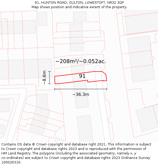 91, HUNTON ROAD, OULTON, LOWESTOFT, NR32 3QP: Plot and title map