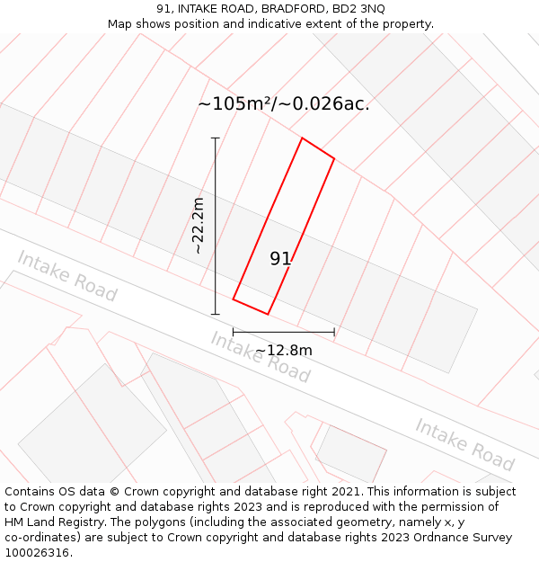 91, INTAKE ROAD, BRADFORD, BD2 3NQ: Plot and title map