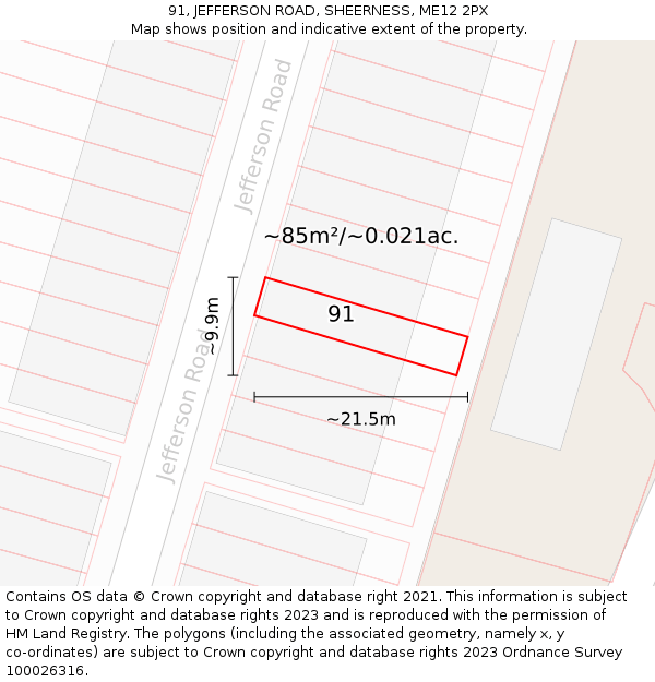 91, JEFFERSON ROAD, SHEERNESS, ME12 2PX: Plot and title map