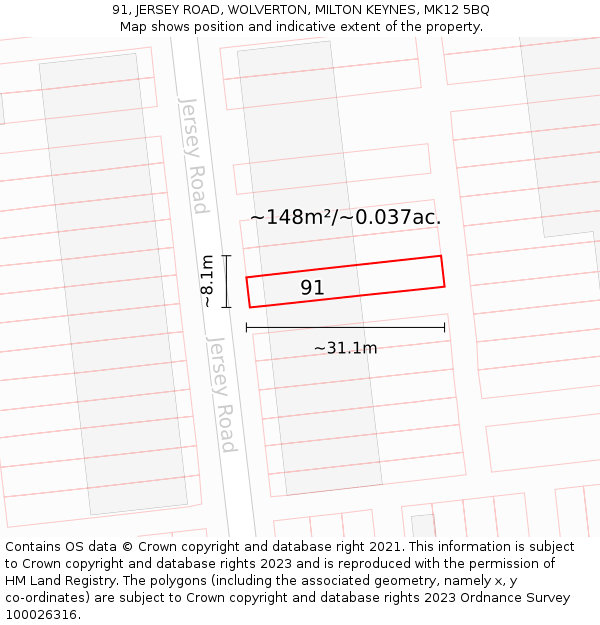 91, JERSEY ROAD, WOLVERTON, MILTON KEYNES, MK12 5BQ: Plot and title map