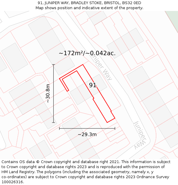 91, JUNIPER WAY, BRADLEY STOKE, BRISTOL, BS32 0ED: Plot and title map