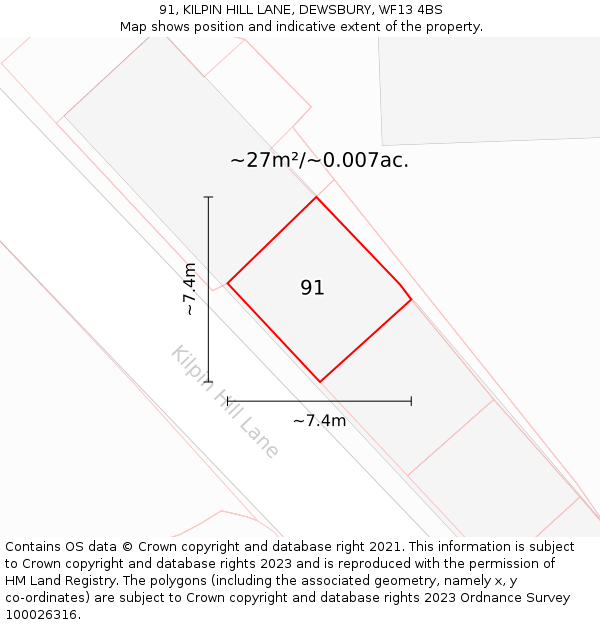 91, KILPIN HILL LANE, DEWSBURY, WF13 4BS: Plot and title map