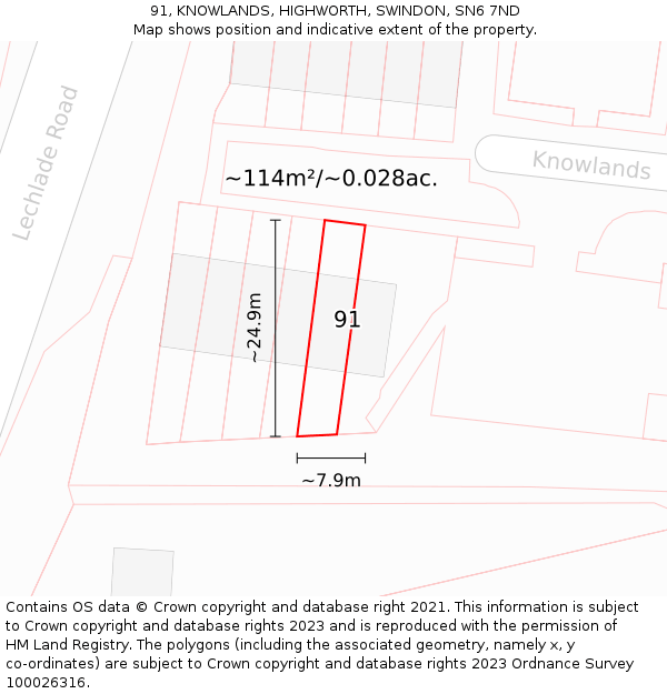 91, KNOWLANDS, HIGHWORTH, SWINDON, SN6 7ND: Plot and title map