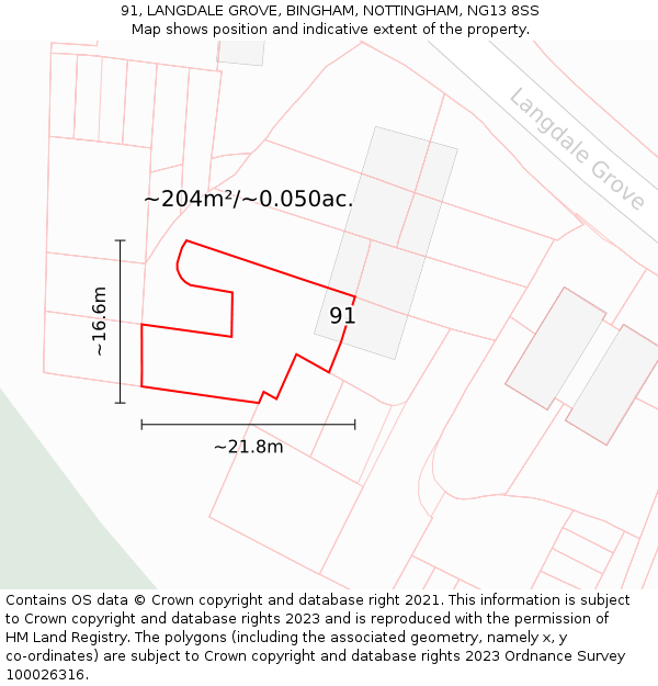 91, LANGDALE GROVE, BINGHAM, NOTTINGHAM, NG13 8SS: Plot and title map