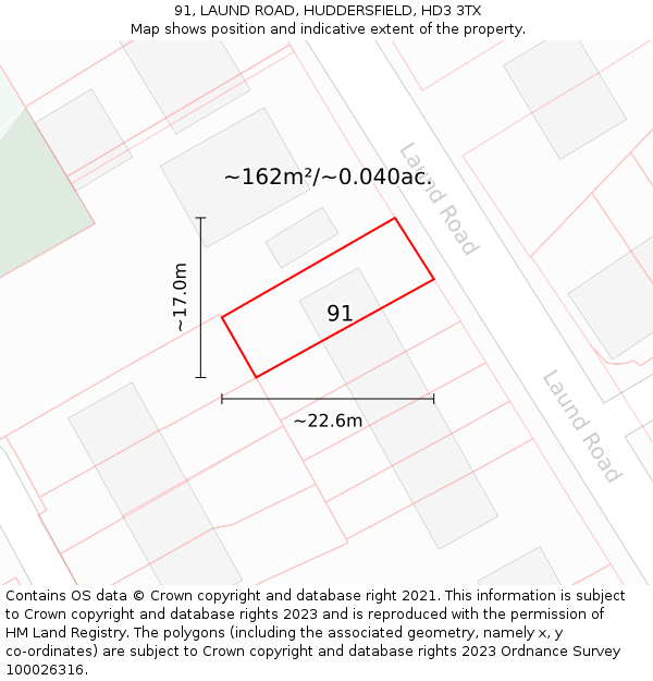 91, LAUND ROAD, HUDDERSFIELD, HD3 3TX: Plot and title map