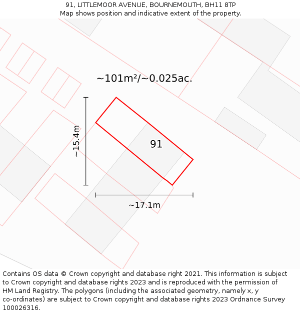 91, LITTLEMOOR AVENUE, BOURNEMOUTH, BH11 8TP: Plot and title map