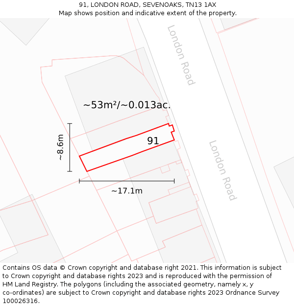 91, LONDON ROAD, SEVENOAKS, TN13 1AX: Plot and title map