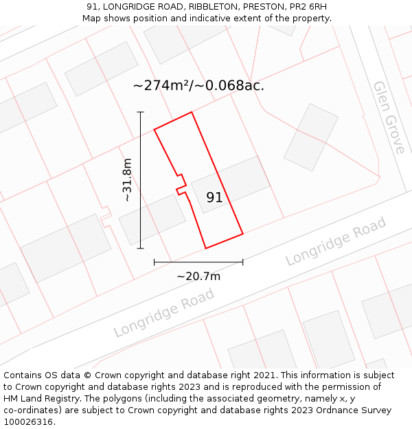 91, LONGRIDGE ROAD, RIBBLETON, PRESTON, PR2 6RH: Plot and title map