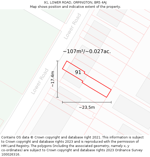 91, LOWER ROAD, ORPINGTON, BR5 4AJ: Plot and title map