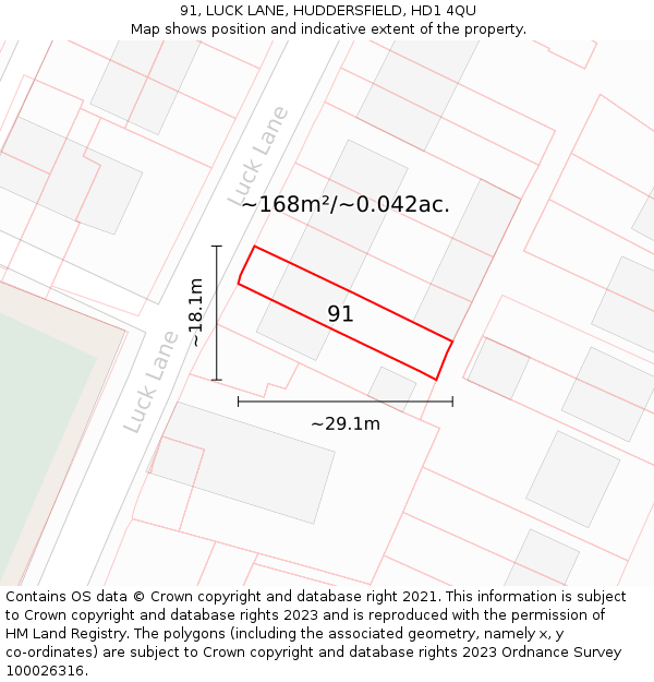 91, LUCK LANE, HUDDERSFIELD, HD1 4QU: Plot and title map